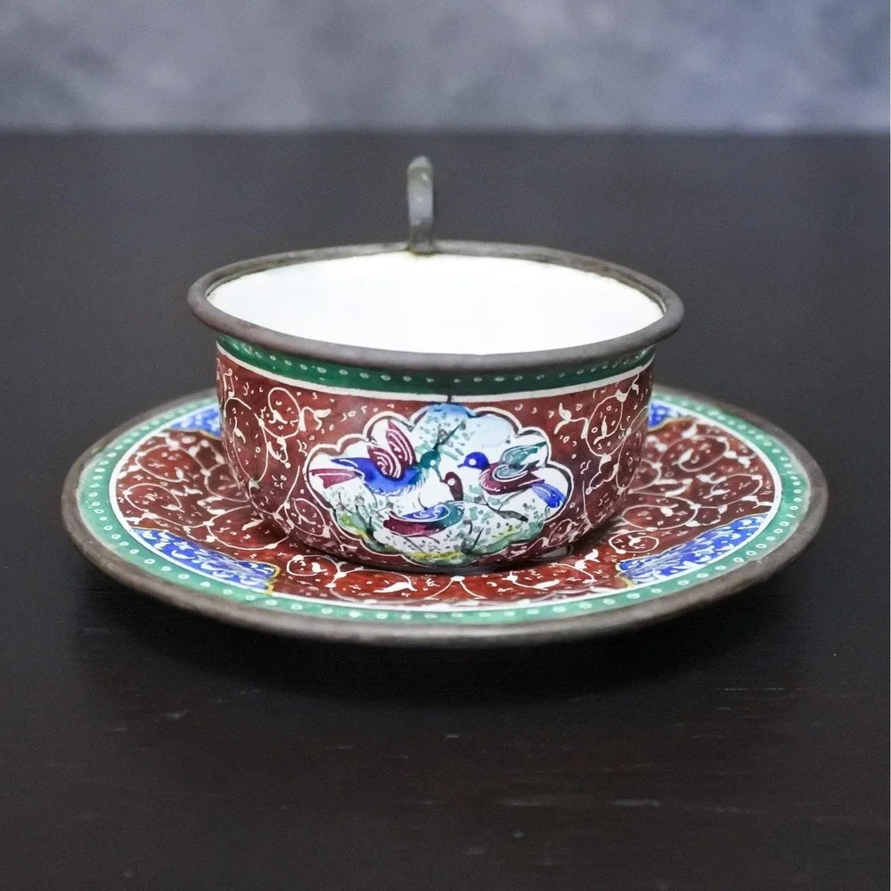 Antique Persian Minakari Enamel Floral Birds Tea & Coffee Cups Saucers Tray Set
